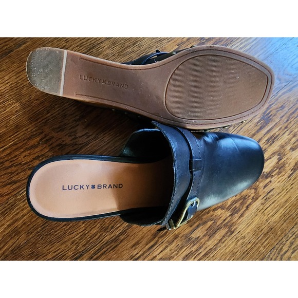 Lucky Brand Leather Wedge Clog Mules Black Studded Buckle Leather 9.5 - Picture 16 of 16